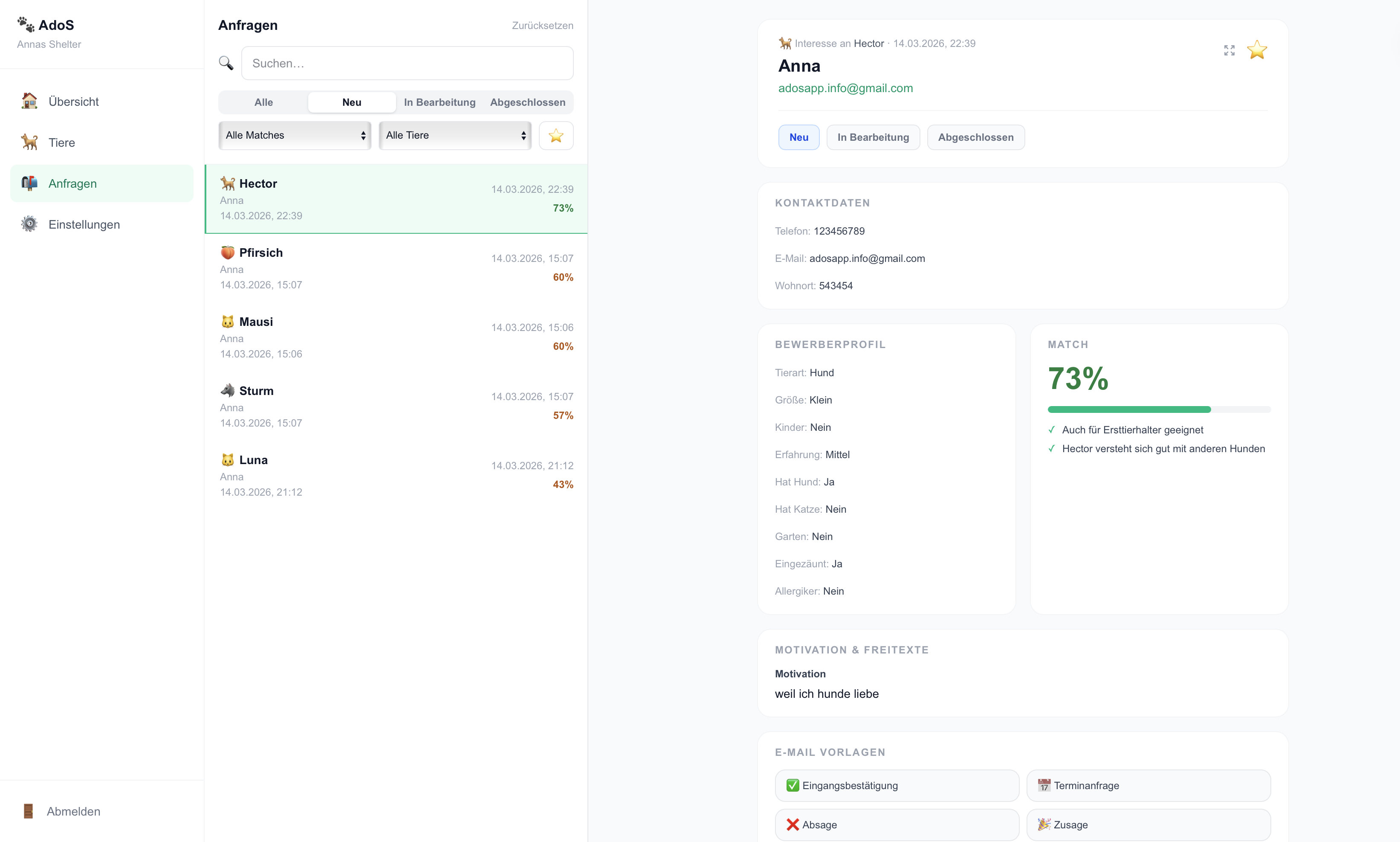 AdoS Tierheim-Dashboard — Anfragen-Übersicht im Browser