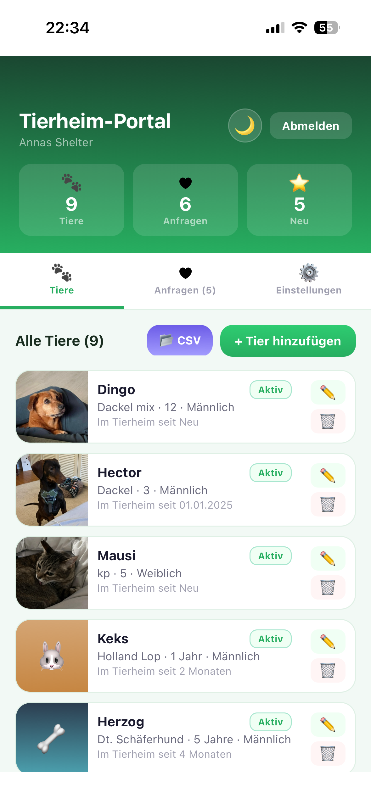 Shelter-Dashboard mit Anfragen-Übersicht und Profildetails